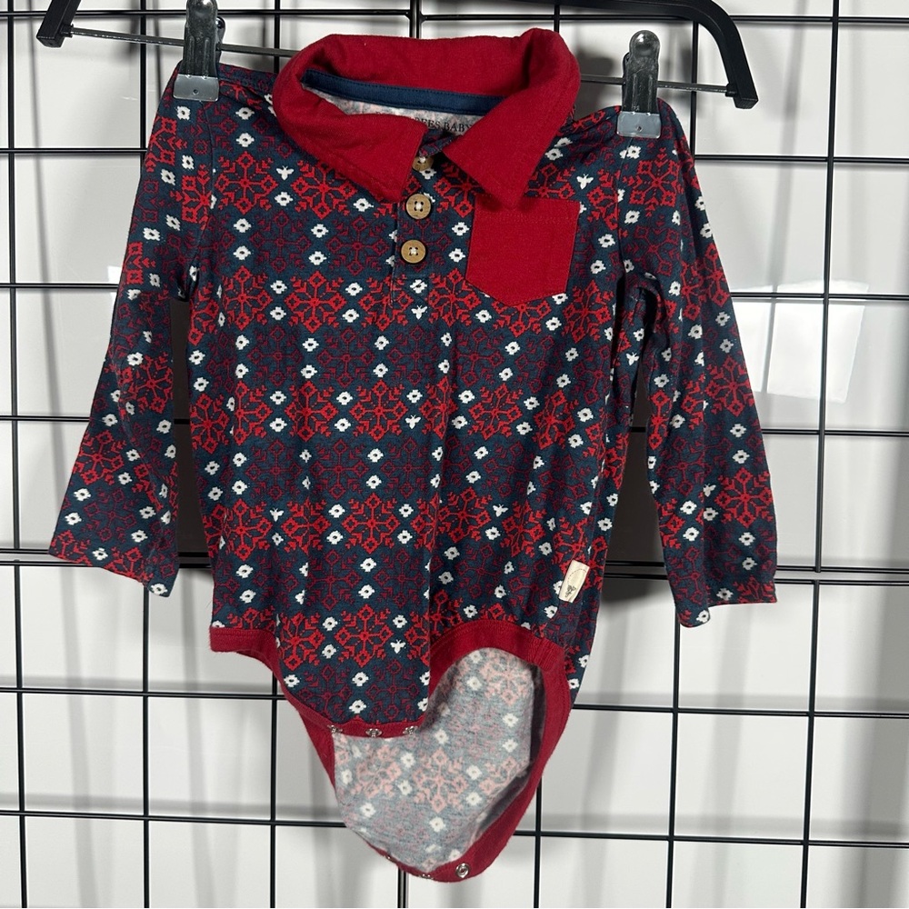 Burt’s Bees Baby Navy Blue/Red/White Snowflake Short Sleeve Onesie 18M